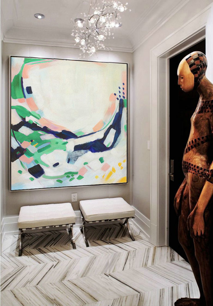 Handmade Large Contemporary Art,Oversized Contemporary Art,Abstract Painting On Canvas,White,Pink,Green.etc